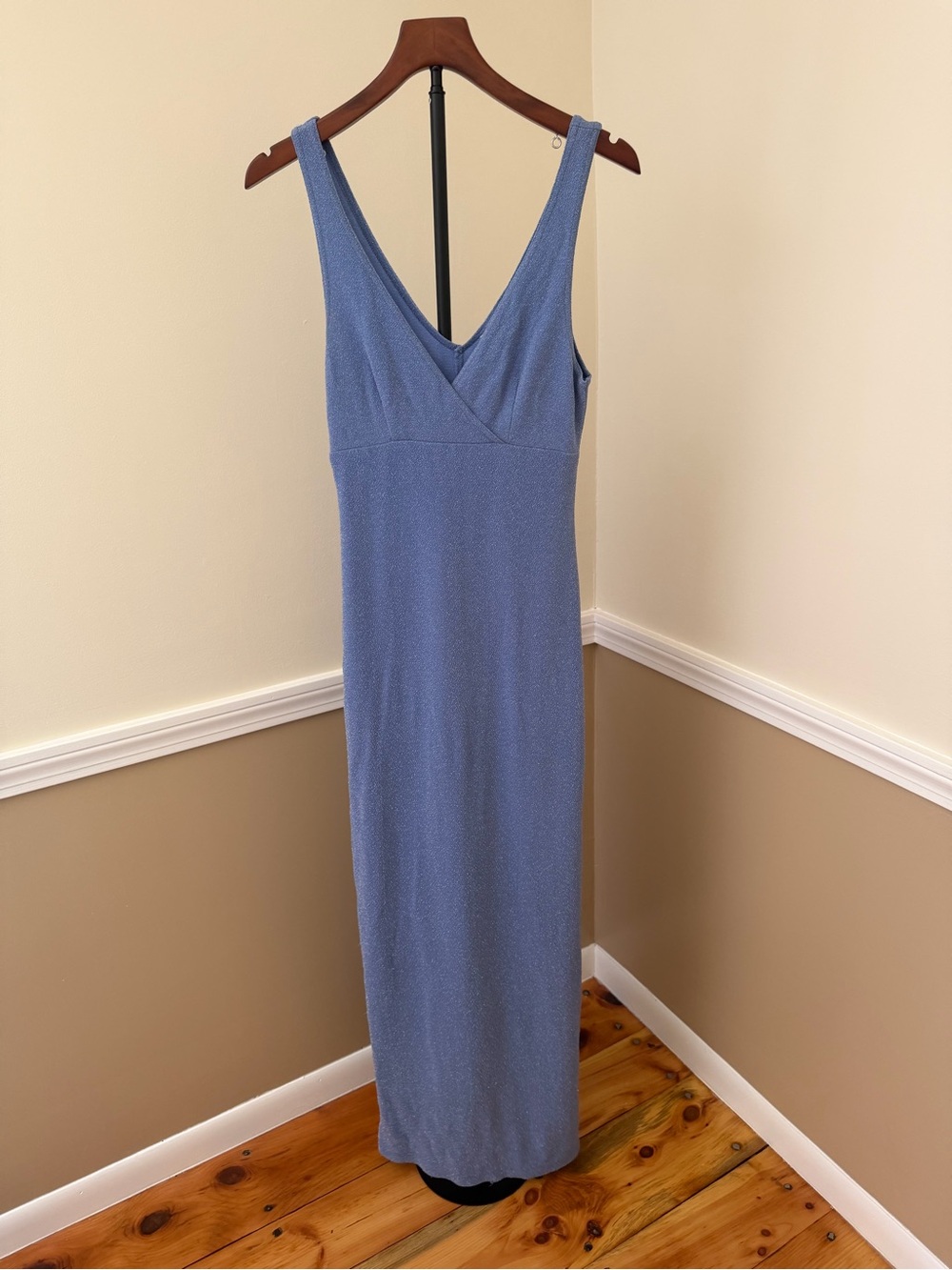 Sleeveless V-Neck Maxi Dress in Dusty Blue sparkle made in USA city triangles